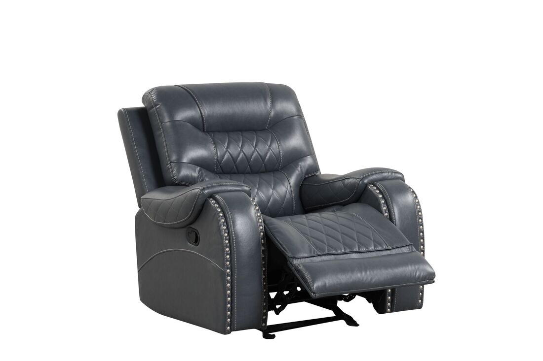 OVERSIZED Blue/Gray 3PC Reclining Set, Sofa w/ Drop Down Table with Cupholders & Power Box - Loveseat with Storage Console & Power Box - Rocking Chair) - PRE-ORDER