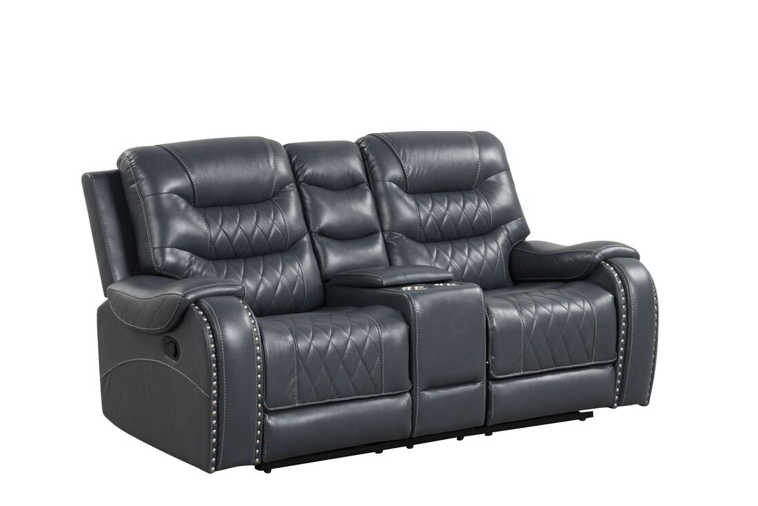 OVERSIZED Blue/Gray 3PC Reclining Set, Sofa w/ Drop Down Table with Cupholders & Power Box - Loveseat with Storage Console & Power Box - Rocking Chair) - PRE-ORDER