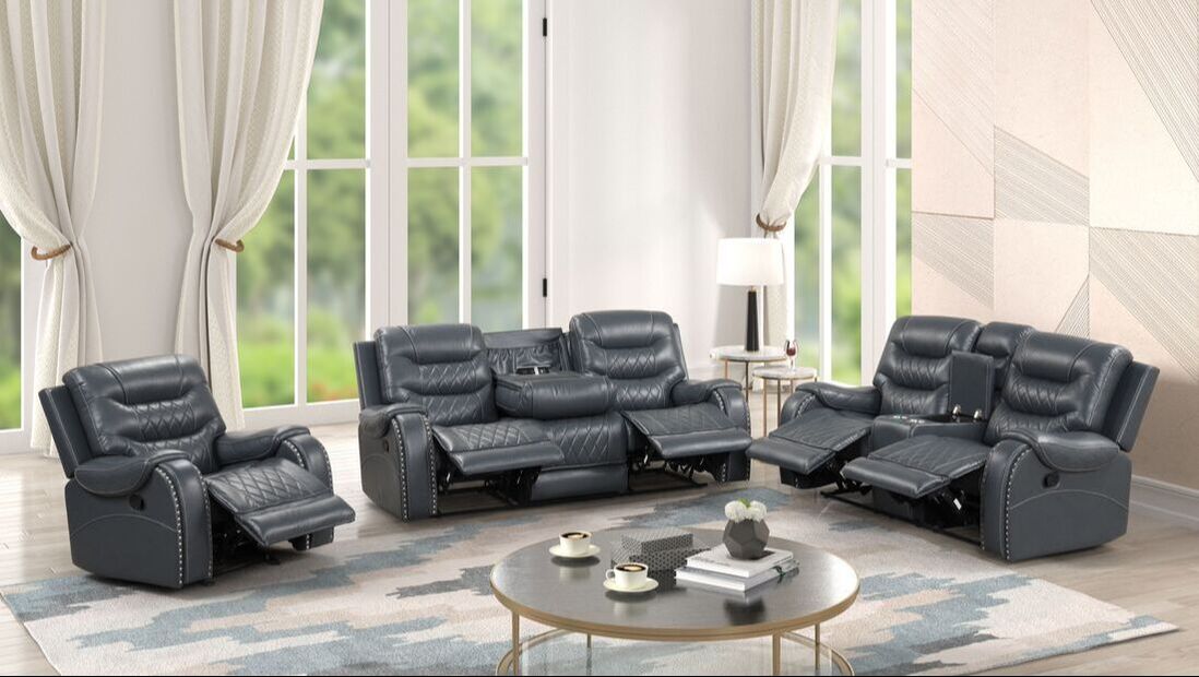 OVERSIZED Blue/Gray 3PC Reclining Set, Sofa w/ Drop Down Table with Cupholders & Power Box - Loveseat with Storage Console & Power Box - Rocking Chair) - PRE-ORDER