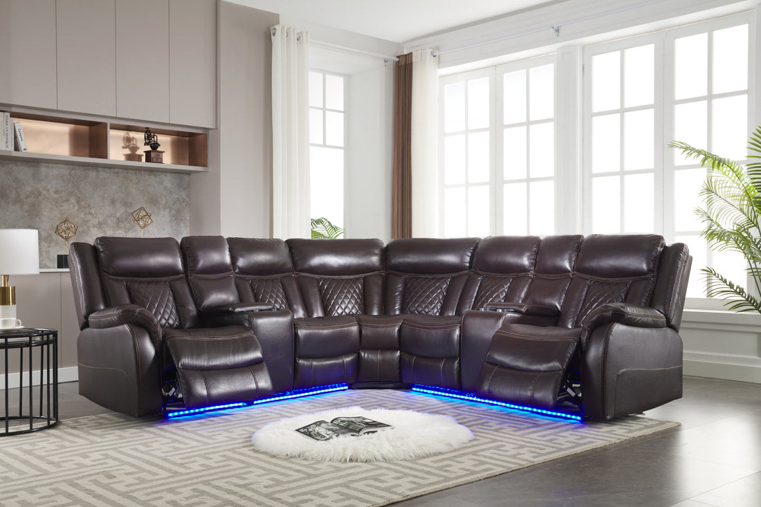 Batman Black/Espresso Power Reclining Sectional in Leather Gel, 2 power recliners, LED lights,  2 Storage Consoles w/Cupholders, PRE-ORDER(Espresso)