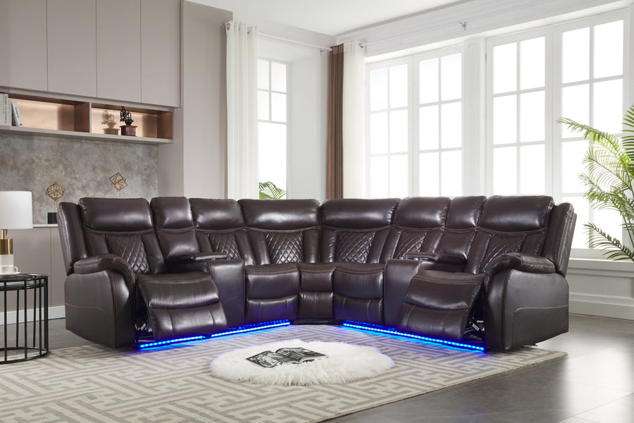 Batman Black/Espresso Power Reclining Sectional in Leather Gel, 2 power recliners, LED lights,  2 Storage Consoles w/Cupholders, PRE-ORDER(Espresso)
