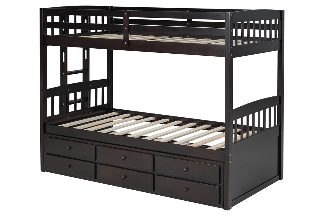 313 Espresso/White/Black Twin Bunk Bed w/ Trundle & 3 Drawers – Solid Wood & Full Slats (PRE-ORDER)