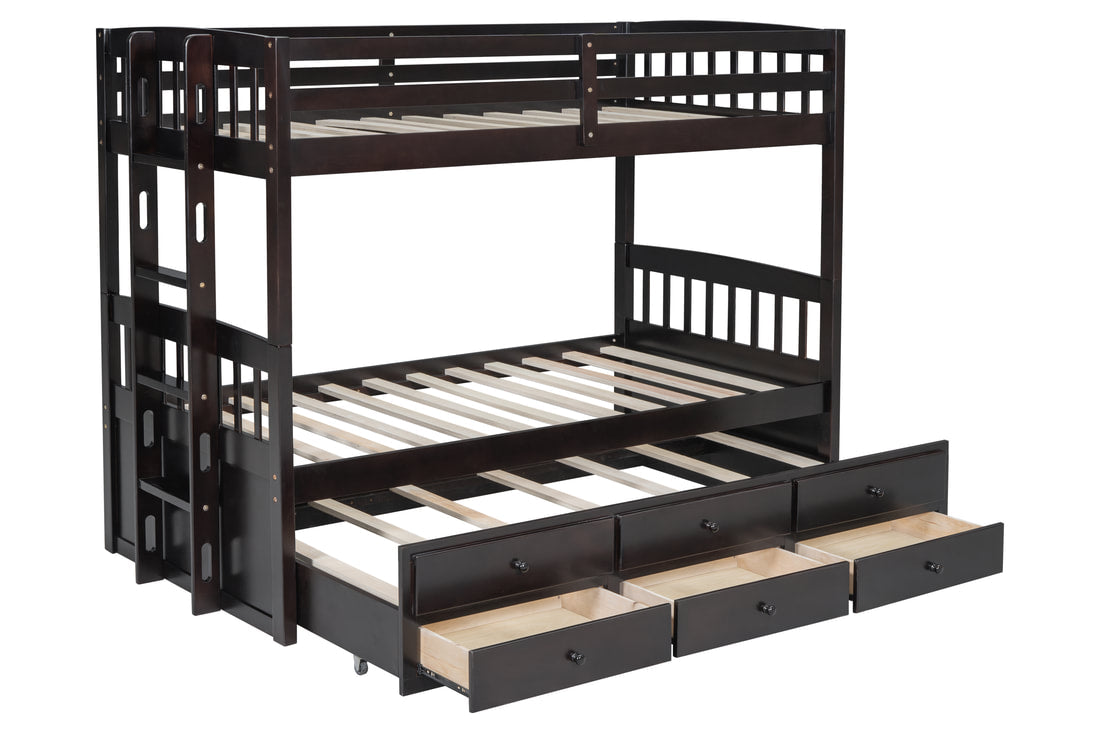 313 Espresso/White/Black Twin Bunk Bed w/ Trundle & 3 Drawers – Solid Wood & Full Slats (PRE-ORDER)