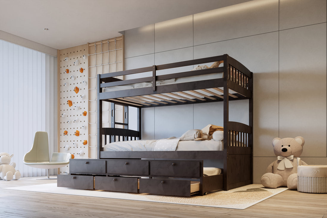 313 Espresso/White/Black Twin Bunk Bed w/ Trundle & 3 Drawers – Solid Wood & Full Slats (PRE-ORDER)