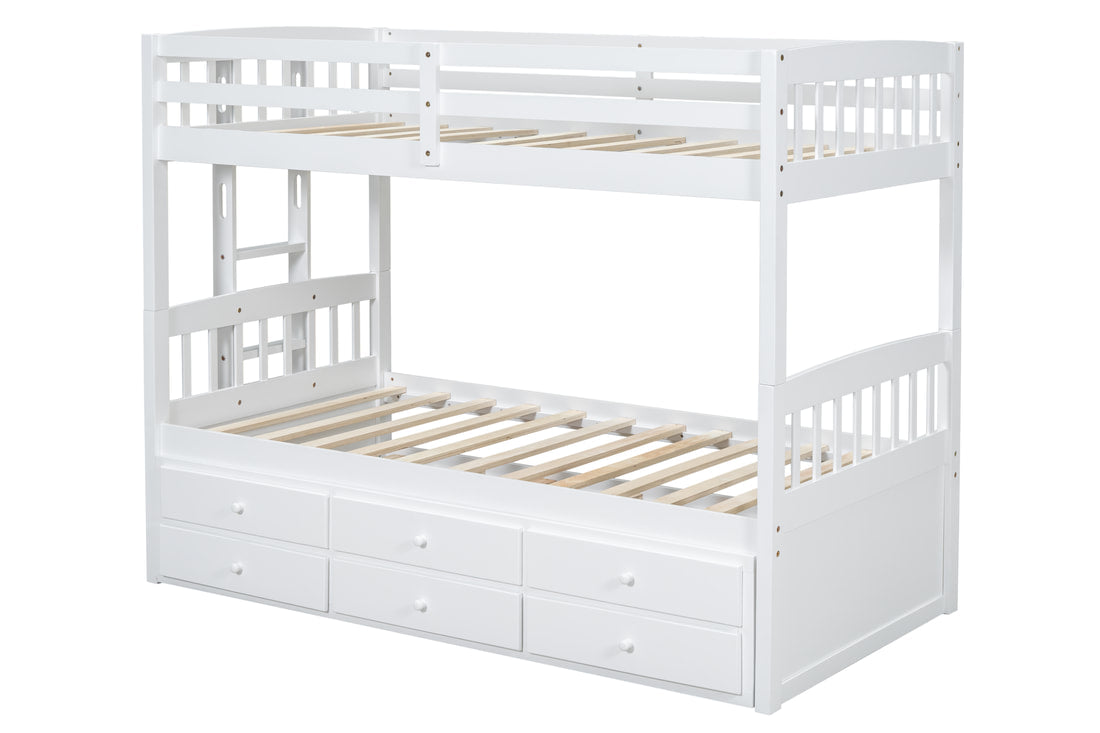 313 Espresso/White/Black Twin Bunk Bed w/ Trundle & 3 Drawers – Solid Wood & Full Slats (PRE-ORDER)