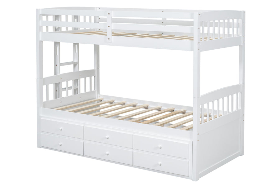313 Espresso/White/Black Twin Bunk Bed w/ Trundle & 3 Drawers – Solid Wood & Full Slats (PRE-ORDER)