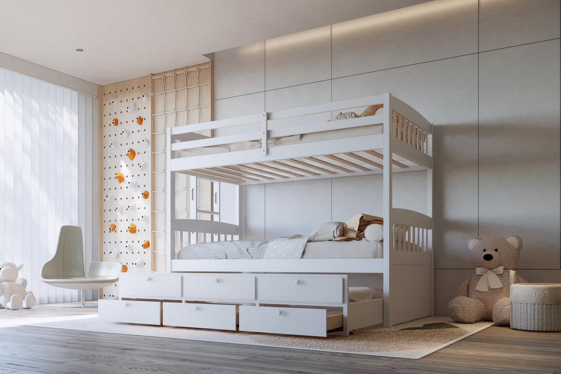 313 Espresso/White/Black Twin Bunk Bed w/ Trundle & 3 Drawers – Solid Wood & Full Slats (PRE-ORDER)