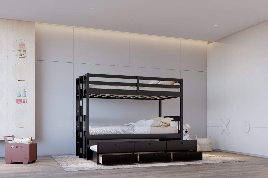 313 Espresso/White/Black Twin Bunk Bed w/ Trundle & 3 Drawers – Solid Wood & Full Slats (PRE-ORDER)