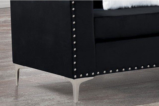 Cindy2 -Velvet Reversible Chaise Sectional, Fur Accent Pillows Included, Black / Neo Blue