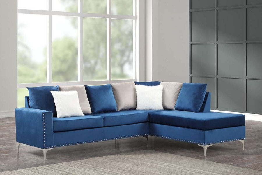 Cindy2 -Velvet Reversible Chaise Sectional, Fur Accent Pillows Included, Black / Neo Blue