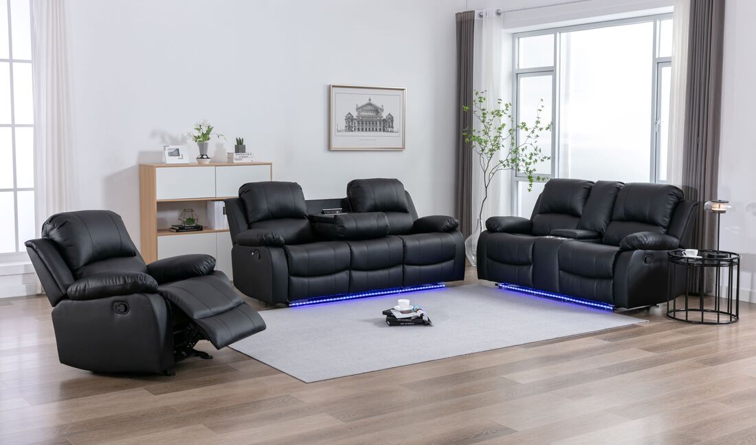 DAYTONA BLACK RECLINING SET - 2 PCS- SOFA & LOVESEAT, w/Built-in cup holders, storage compartments & led lights