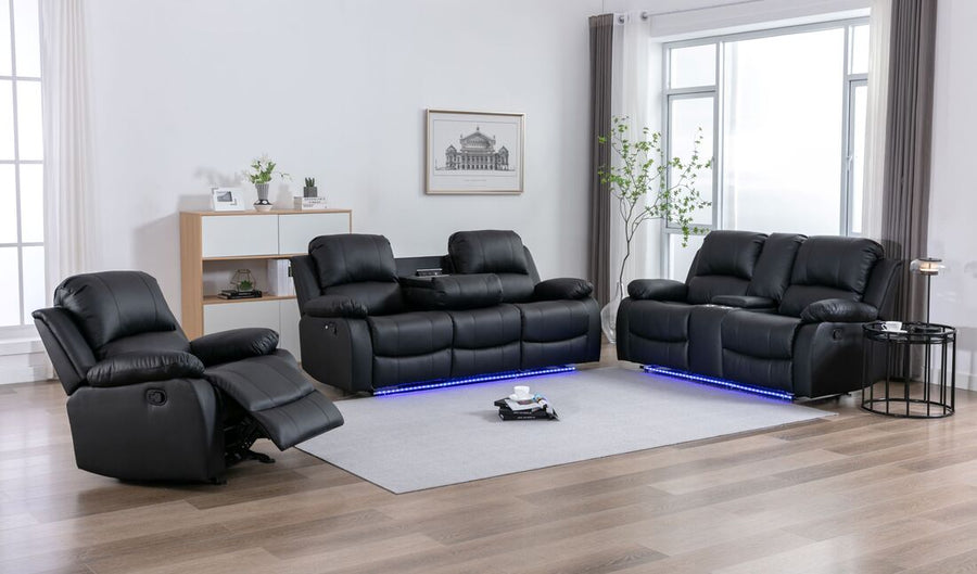 DAYTONA BLACK RECLINING SET - 2 PCS- SOFA & LOVESEAT, w/Built-in cup holders, storage compartments & led lights