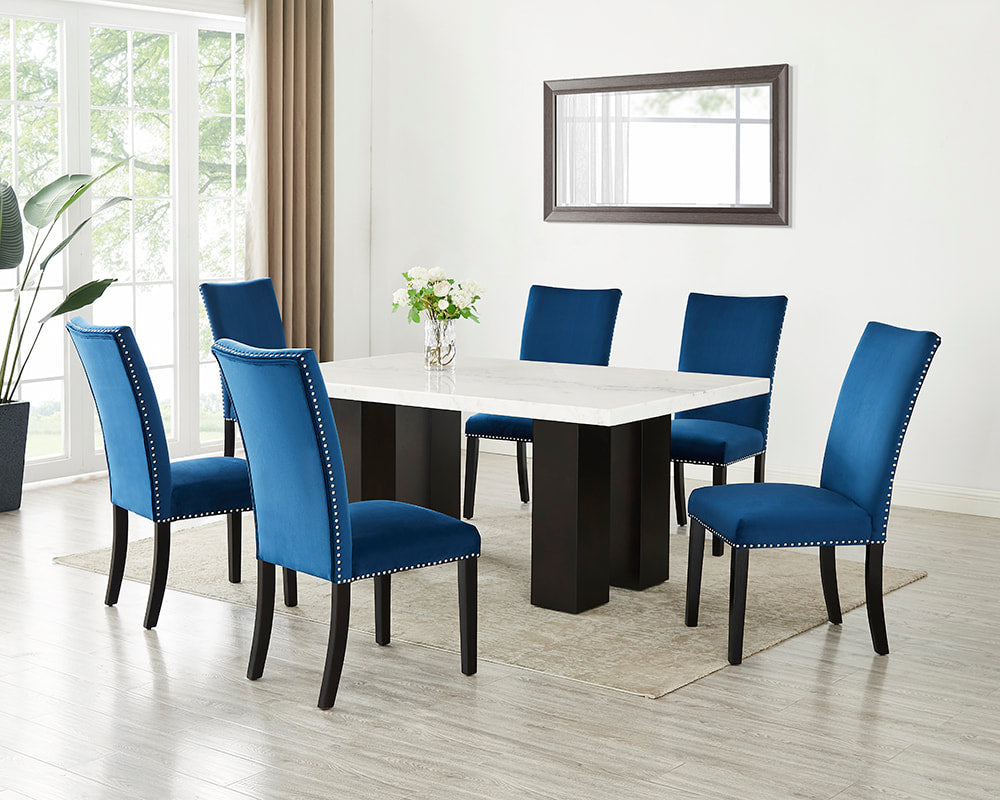 Finland 7-Piece Dining Set w/ Genuine Marble Table & PU Chairs/ Black Velvet Chairs