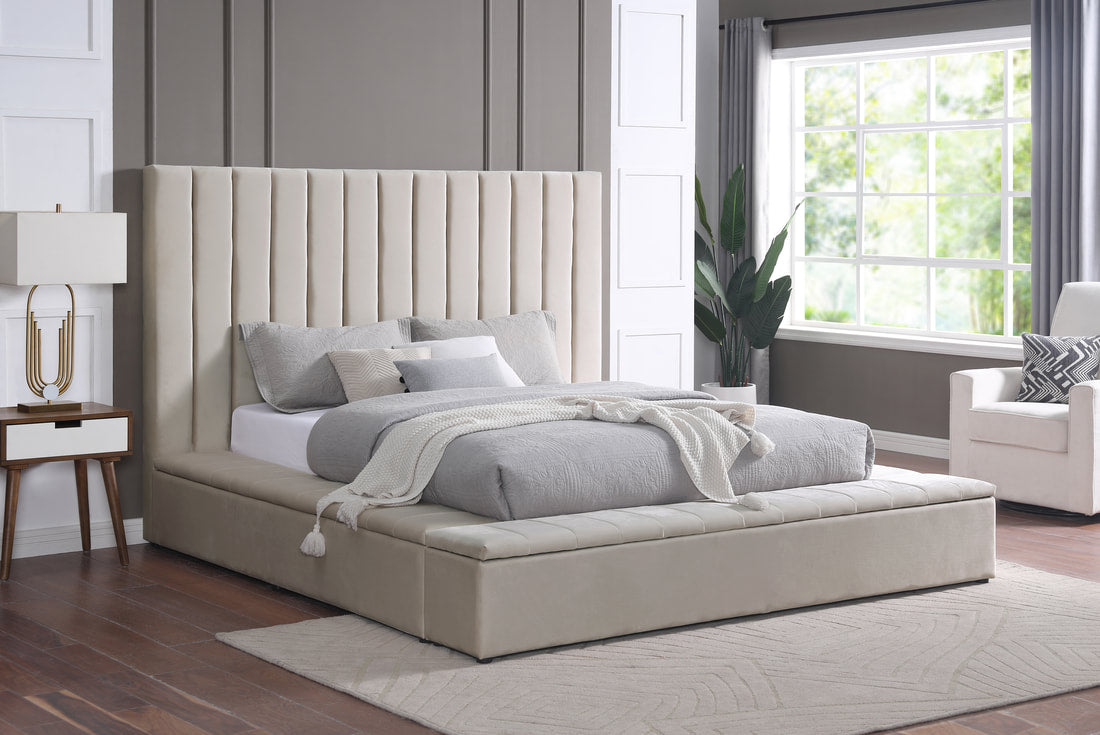 Modern upholstered, France Storage Velvet Platform Bed, Queen and King size, Beige