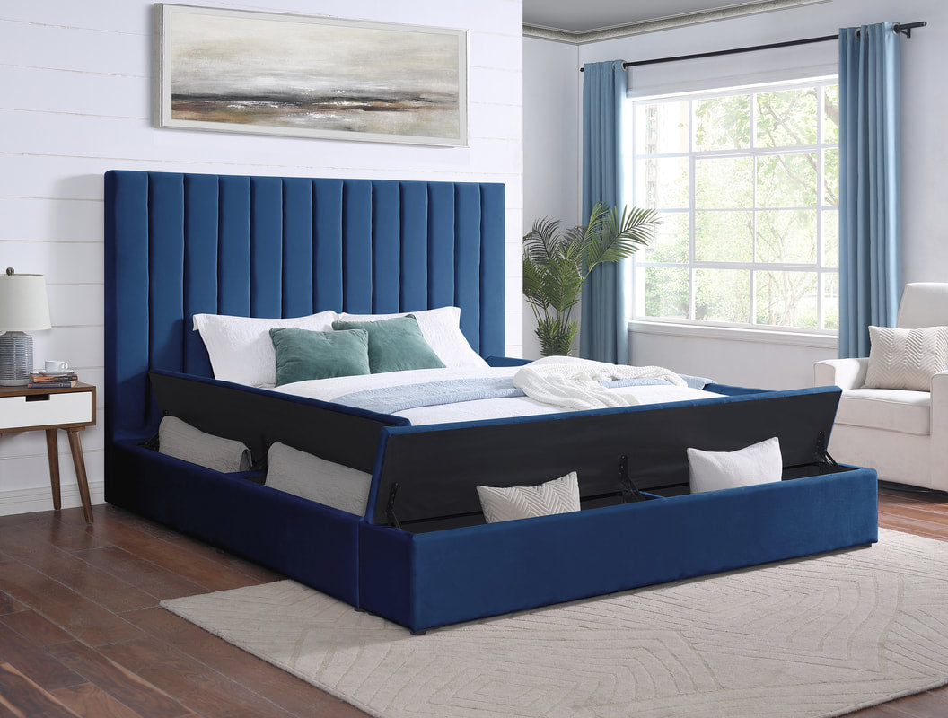 Modern upholstered, France Storage Velvet Platform Bed, Queen and King size, Blue