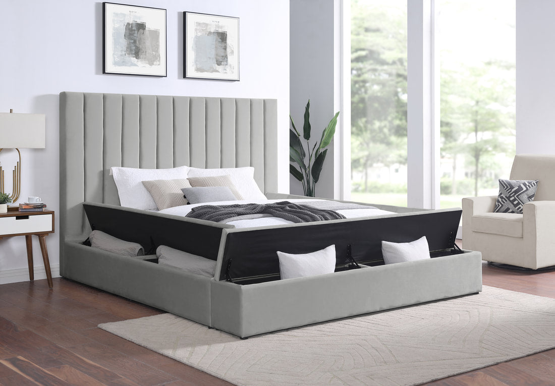 Modern upholstered, France Storage Velvet Platform Bed, Queen and King size, Gray