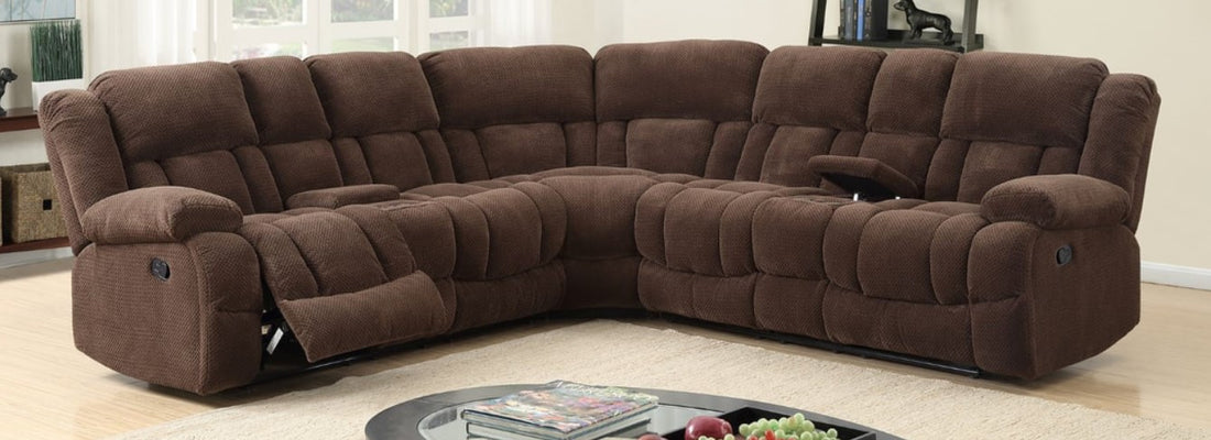 JADE21- CHOCOLATE SECTIONAL, 2 STAINLESS STEEL CUP HOLDERS WITH STORAGE & 2 RECLINERS ON BOTH SIDES