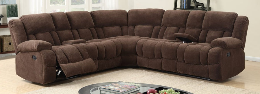JADE21- CHOCOLATE SECTIONAL, 2 STAINLESS STEEL CUP HOLDERS WITH STORAGE & 2 RECLINERS ON BOTH SIDES