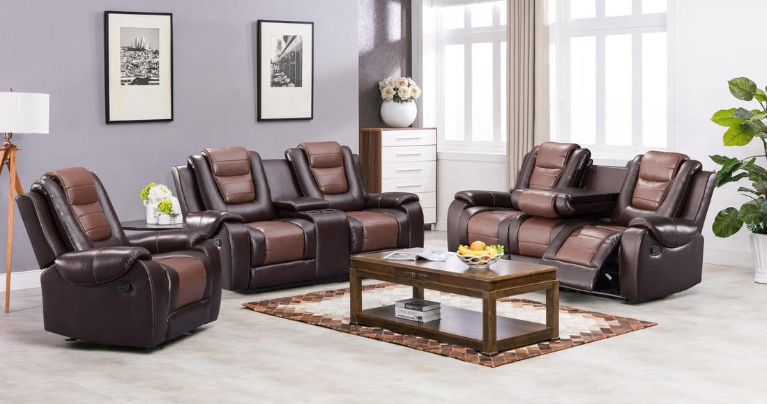 Jordan 2-Tone Brown Leather Gel 3-Piece Reclining Set, Sofa with Drop Down, Recliner Loveseat with Console & Gliders, Recliner Swivel Chair