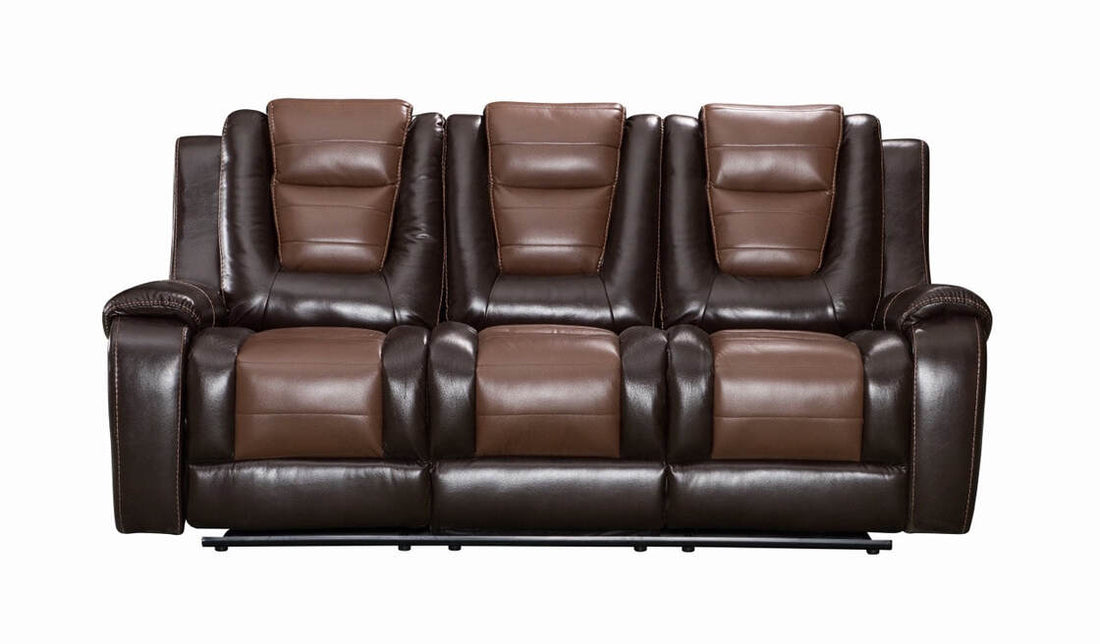 Jordan 2-Tone Brown Leather Gel 3-Piece Reclining Set, Sofa with Drop Down, Recliner Loveseat with Console & Gliders, Recliner Swivel Chair