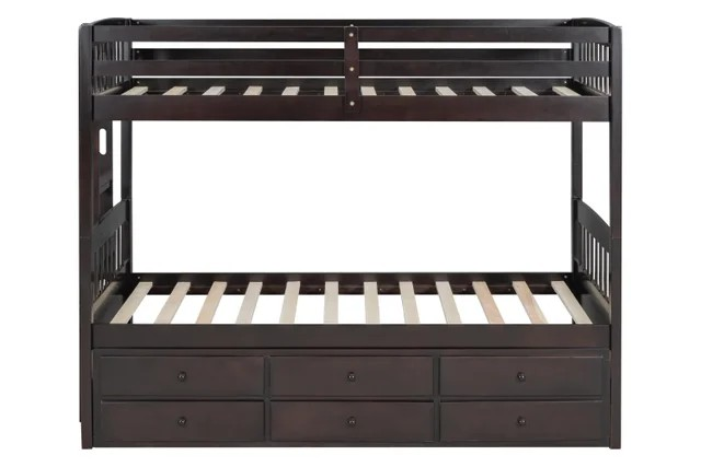 313 Espresso/White/Black Twin Bunk Bed w/ Trundle & 3 Drawers – Solid Wood & Full Slats (PRE-ORDER)