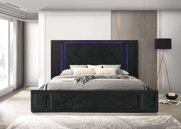 Lorenzo Velvet Black Platform Bed (w/ LED LIGHTS, BLUETOOTH SPEAKERS, STORAGE ON SIDES & USB PORTS) - Queen, King