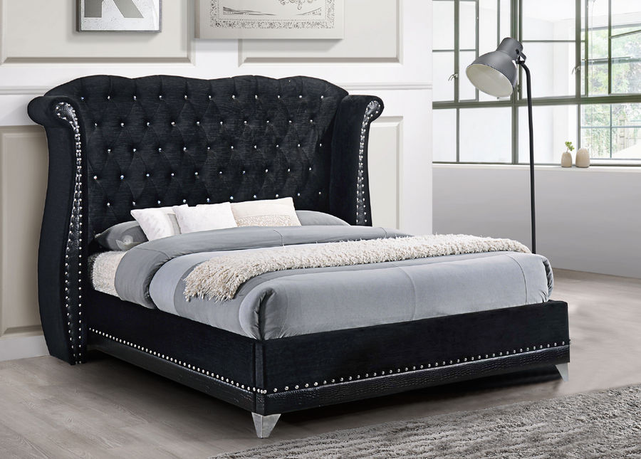 Luxor Black/Gray/White Velvet Platform Bed - Queen, King w/Diamonds, Crocodile vinyl across bottom & Metal legs