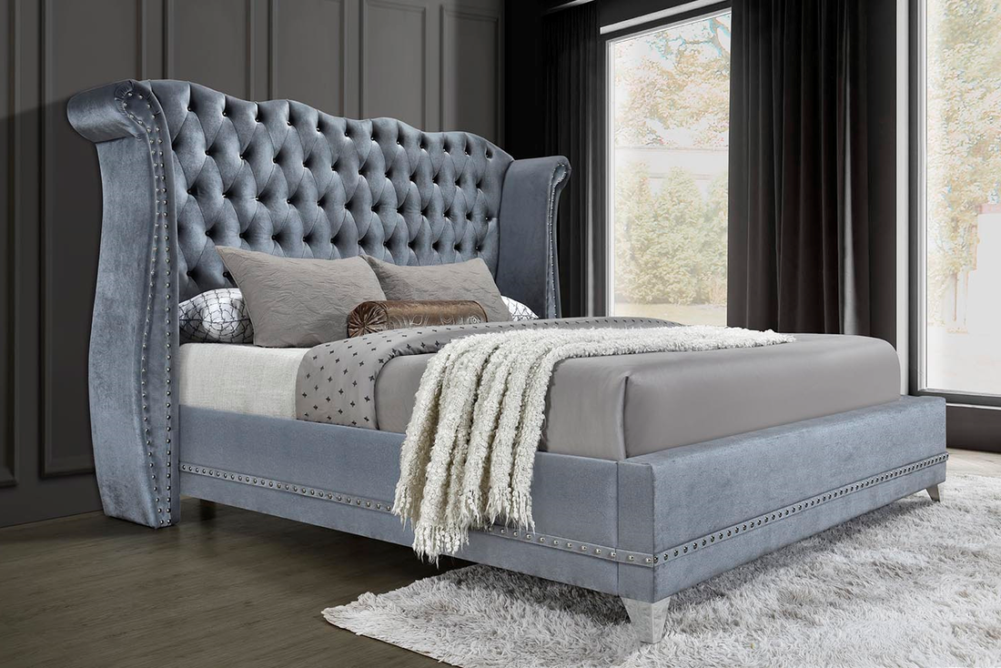 Luxor Black/Gray/White Velvet Platform Bed - Queen, King w/Diamonds, Crocodile vinyl across bottom & Metal legs