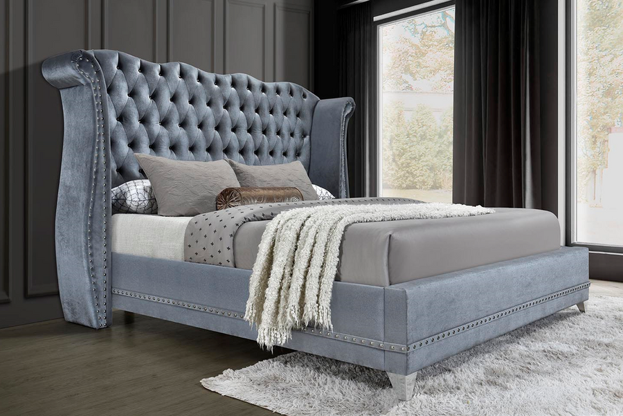 Luxor Black/Gray/White Velvet Platform Bed - Queen, King w/Diamonds, Crocodile vinyl across bottom & Metal legs