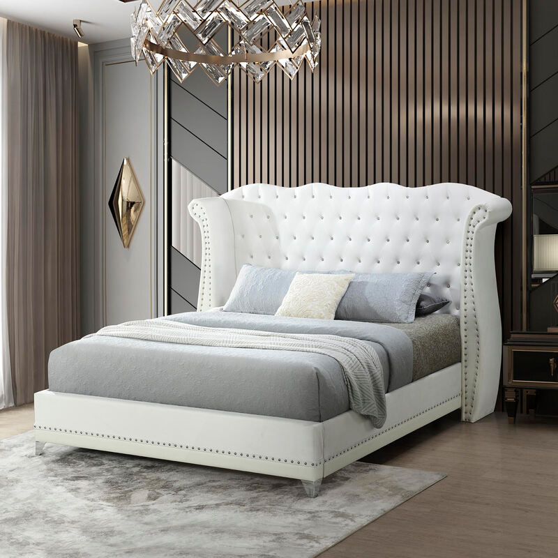 Luxor Black/Gray/White Velvet Platform Bed - Queen, King w/Diamonds, Crocodile vinyl across bottom & Metal legs