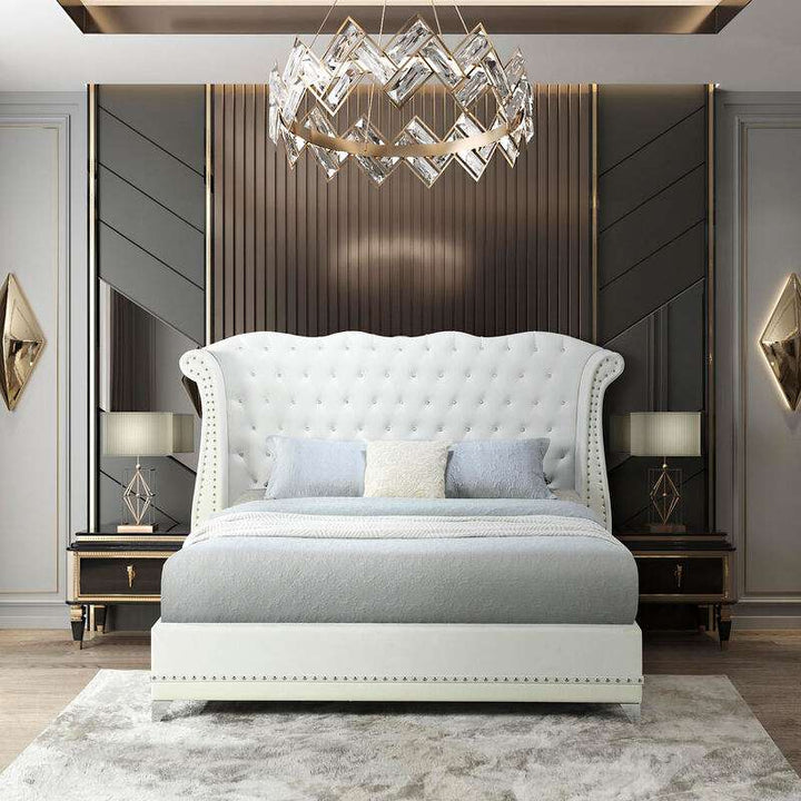 Luxor Black/Gray/White Velvet Platform Bed - Queen, King w/Diamonds, Crocodile vinyl across bottom & Metal legs