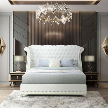 Luxor Black/Gray/White Velvet Platform Bed - Queen, King w/Diamonds, Crocodile vinyl across bottom & Metal legs