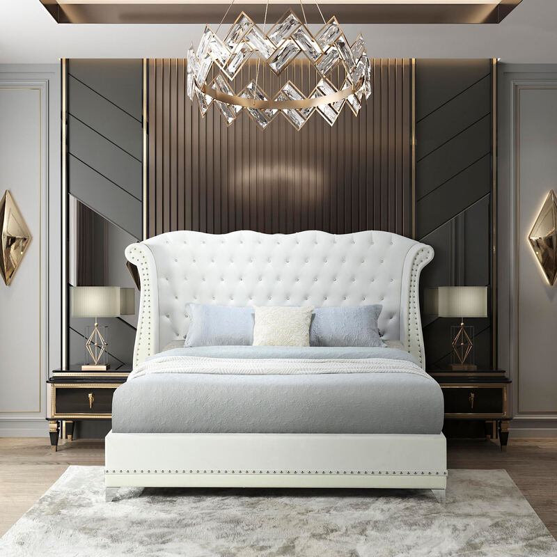 Luxor Black/Gray/White Velvet Platform Bed - Queen, King w/Diamonds, Crocodile vinyl across bottom & Metal legs