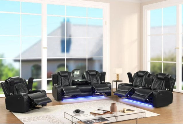 3PC Black Manual Reclining Set, Bluetooth Speakers on Loveseat, Sofa Drop Down w/ 2 Charging Pads, **SALE**