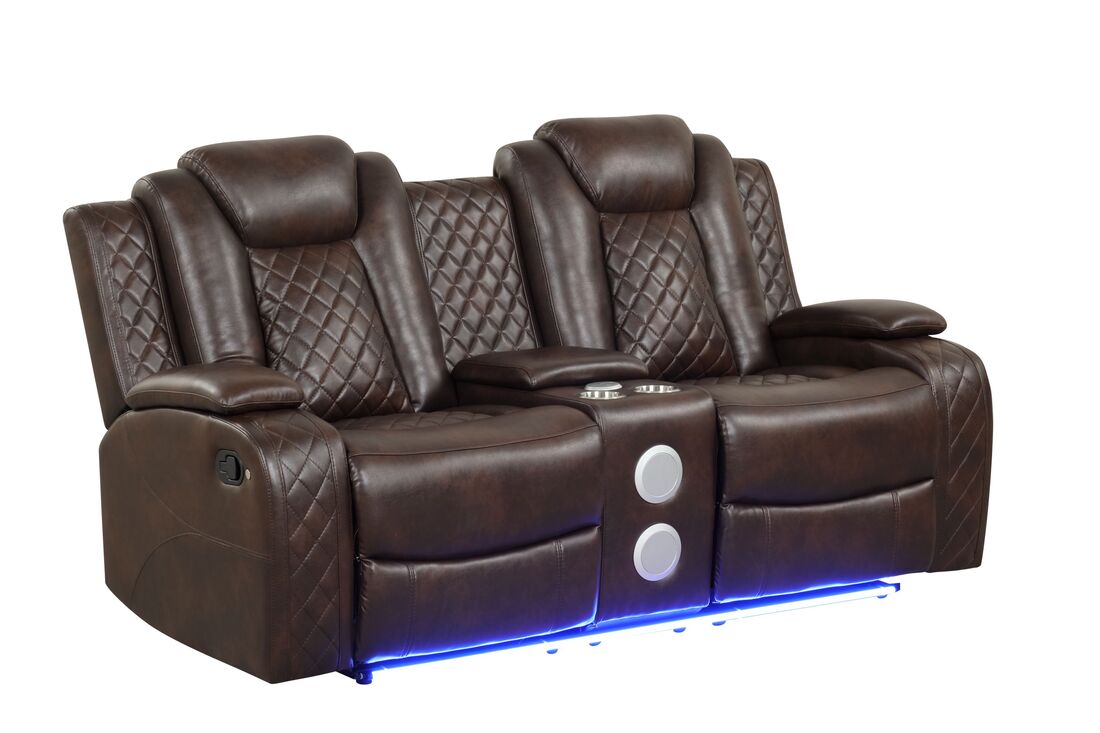 3PC Brown Reclining Living Room Set- BLUETOOTH SPEAKERS/LED, Manual Reclining, Sofa Drop Down w/2 Charging Pads, Reading Lights /Pre Order