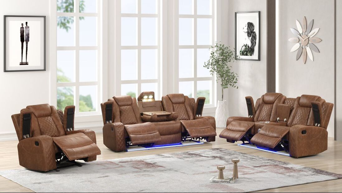 3PC Saddle Reclining Living Room Set- BLUETOOTH SPEAKERS/LED, Manual Reclining, Sofa Drop Down w/ 2 Charging Pads, Reading Lights