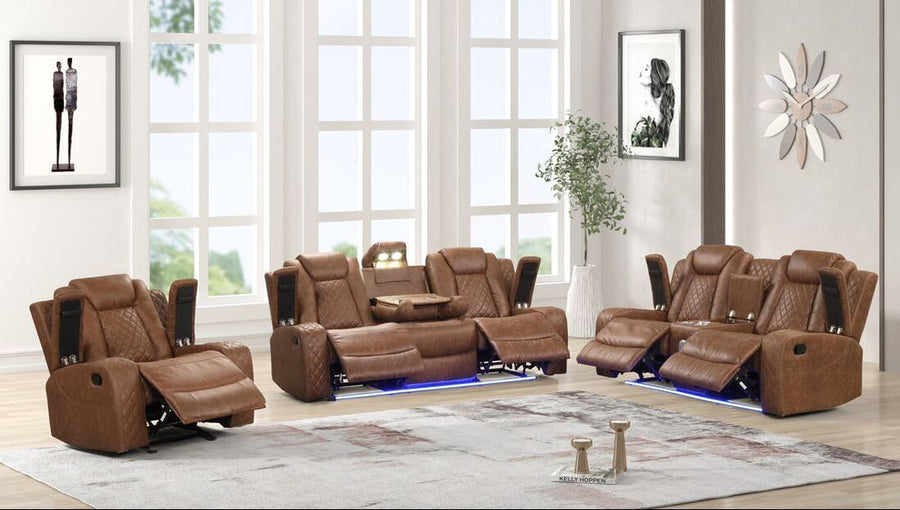 3PC Saddle Reclining Living Room Set- BLUETOOTH SPEAKERS/LED, Manual Reclining, Sofa Drop Down w/ 2 Charging Pads, Reading Lights