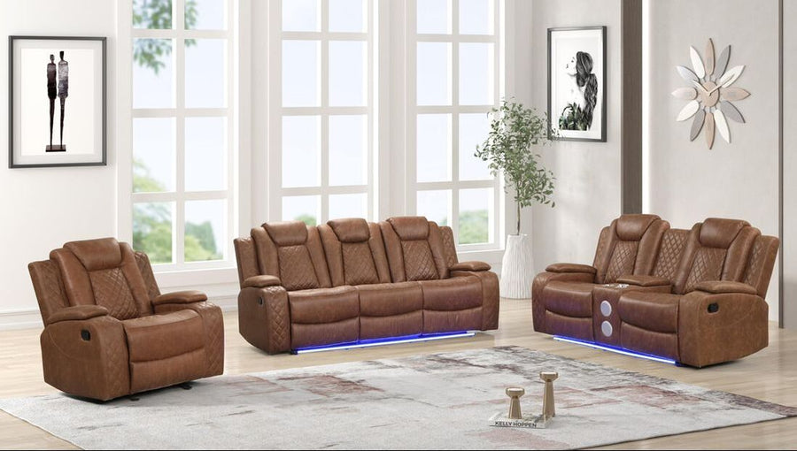 3PC Saddle Reclining Living Room Set- BLUETOOTH SPEAKERS/LED, Manual Reclining, Sofa Drop Down w/ 2 Charging Pads, Reading Lights