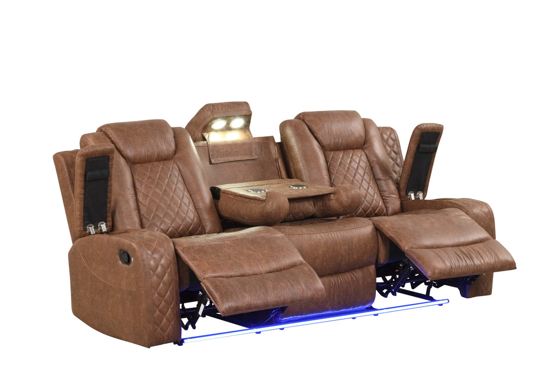 3PC Saddle Reclining Living Room Set- BLUETOOTH SPEAKERS/LED, Manual Reclining, Sofa Drop Down w/ 2 Charging Pads, Reading Lights