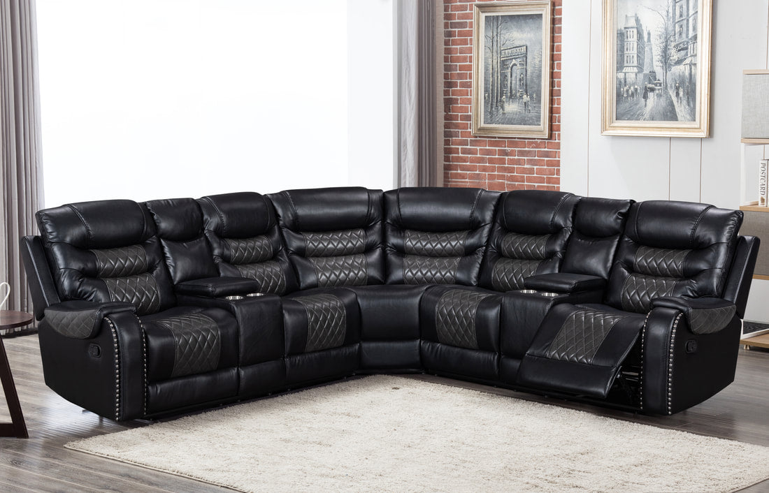 Martin 2Tone Black/Gray Manuel Reclining Sectional, 2 Storage Consoles with Stainless Steel Cupholders