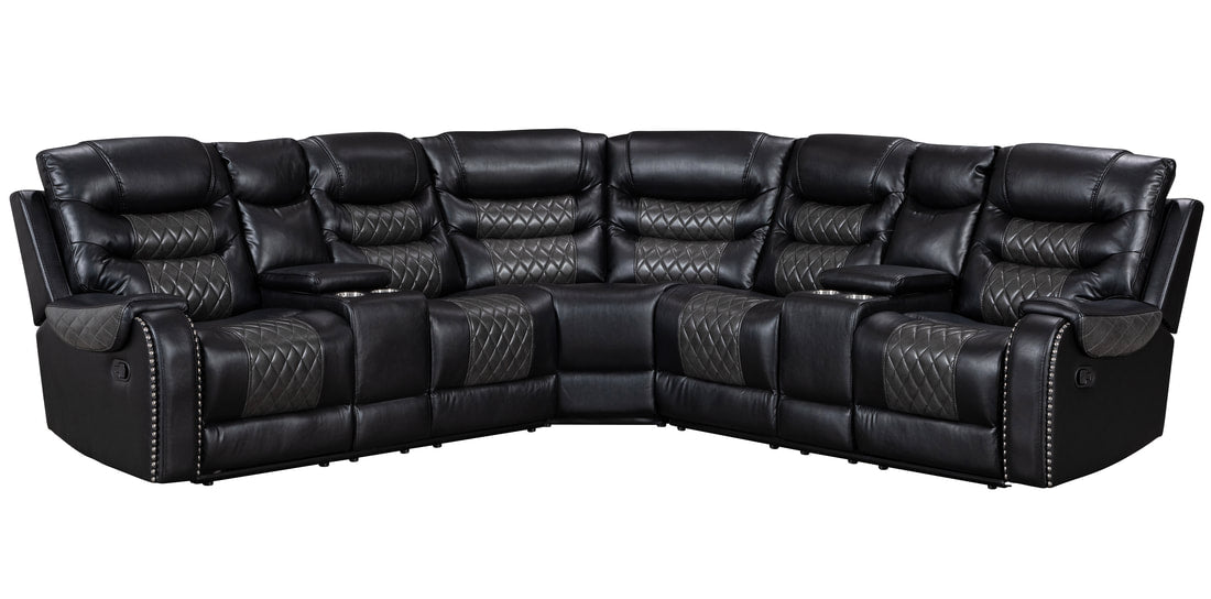 Martin 2Tone Black/Gray Manuel Reclining Sectional, 2 Storage Consoles with Stainless Steel Cupholders