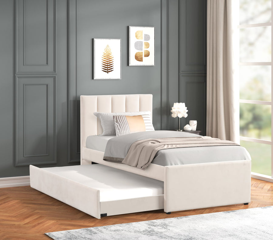 316 Beige Velvet Platform Bed – Hidden Trundle & Luxe Design(PRE-ORDER)