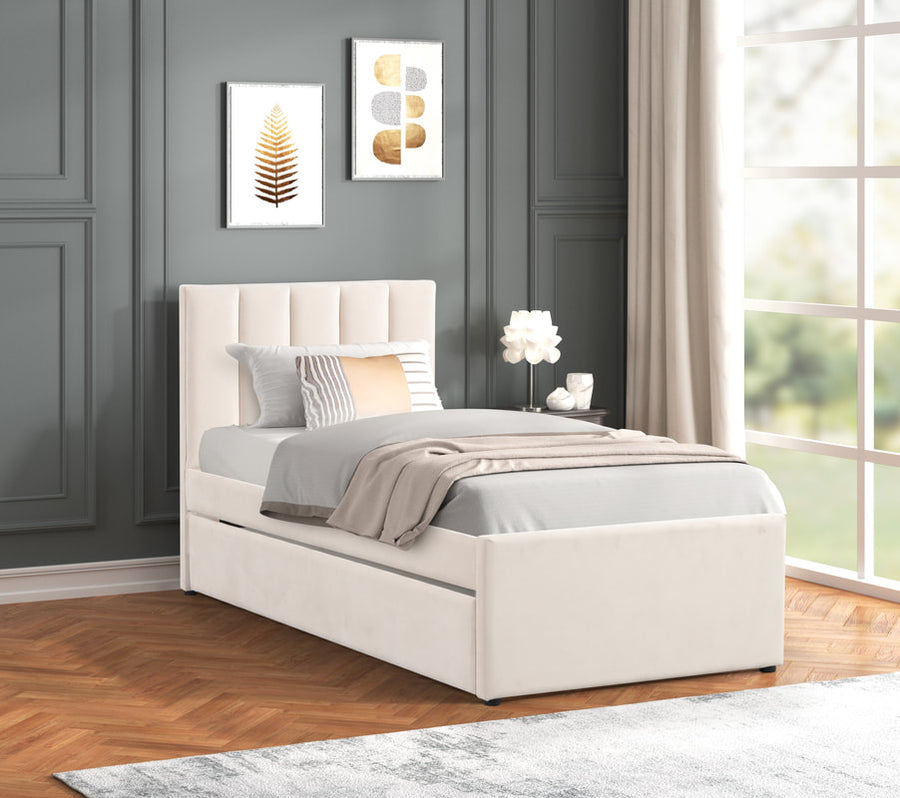 316 Beige Velvet Platform Bed – Hidden Trundle & Luxe Design(PRE-ORDER)