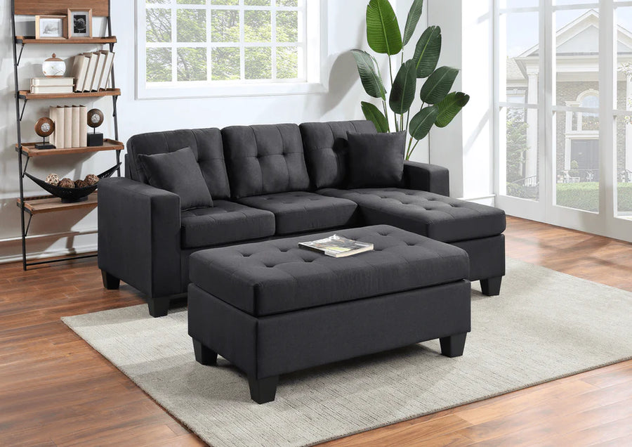 Naomi Small Sectional Sofa Chaise with Ottoman Set PU Black