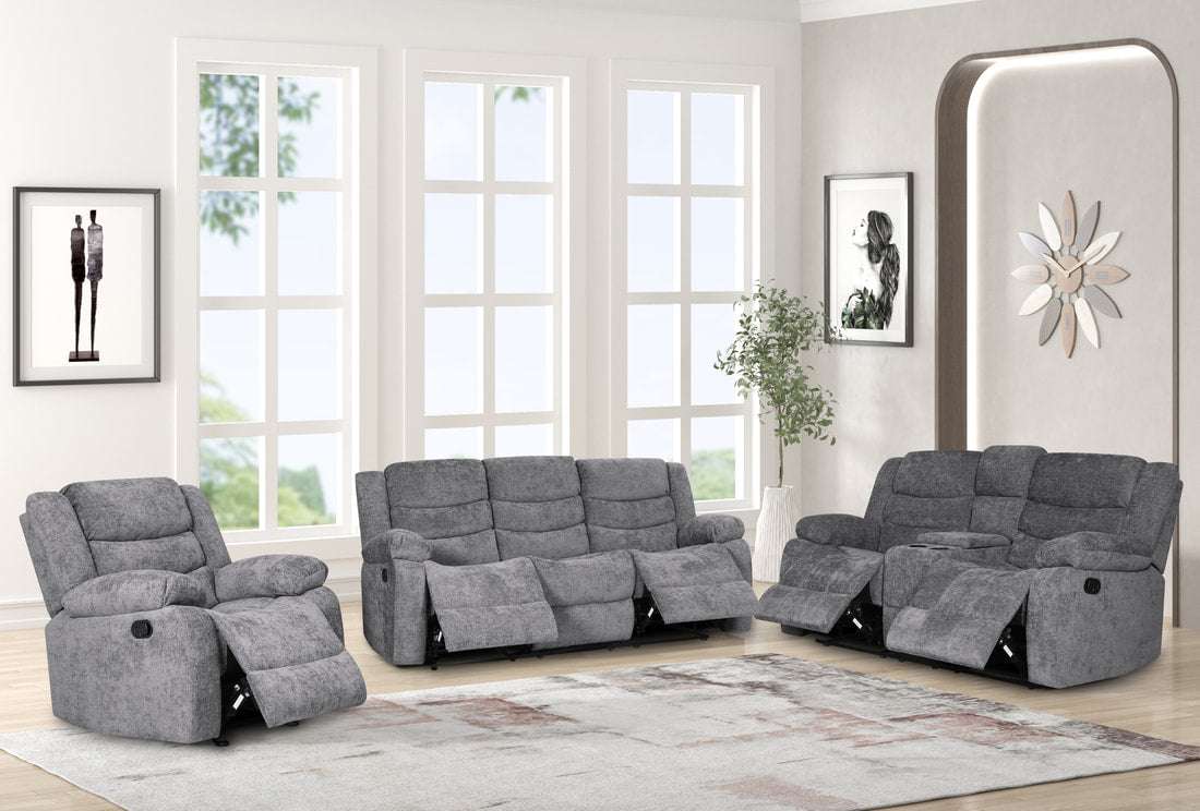 OLIVER CHARCOAL RECLINING SET - 3 PC. - SOFA, LOVESEAT w/Storage Console with Stainless Steel Cupholders & RECLINER