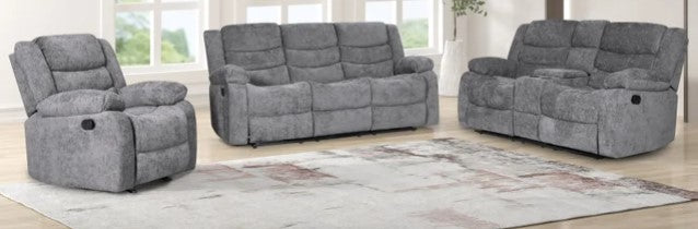 OLIVER CHARCOAL RECLINING SET - 3 PC. - SOFA, LOVESEAT w/Storage Console with Stainless Steel Cupholders & RECLINER