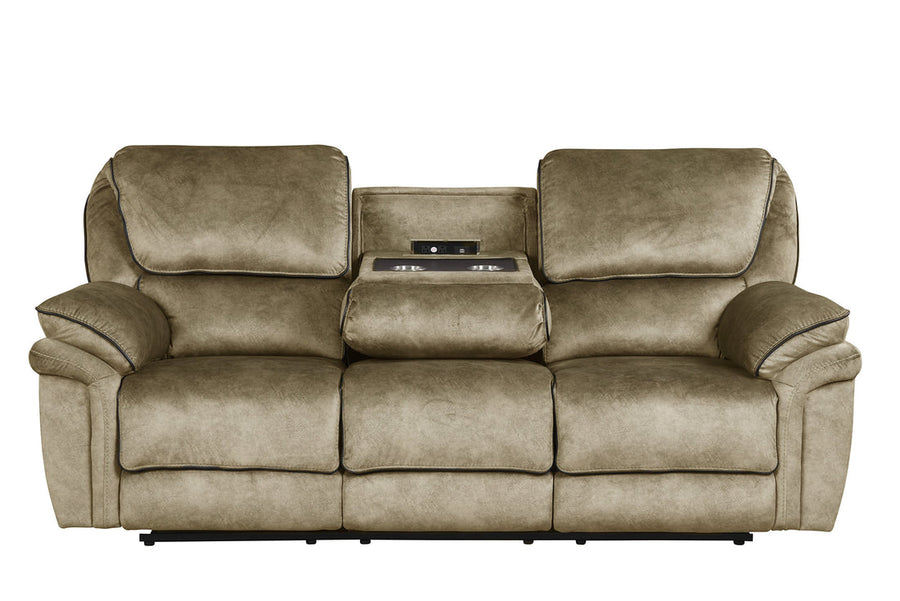 Perry Brown Fabric OVERSIZED 3PC Reclining Set, Sofa with Drop down table and Power Box, Reclining Loveseat with Console & Reclining Chair