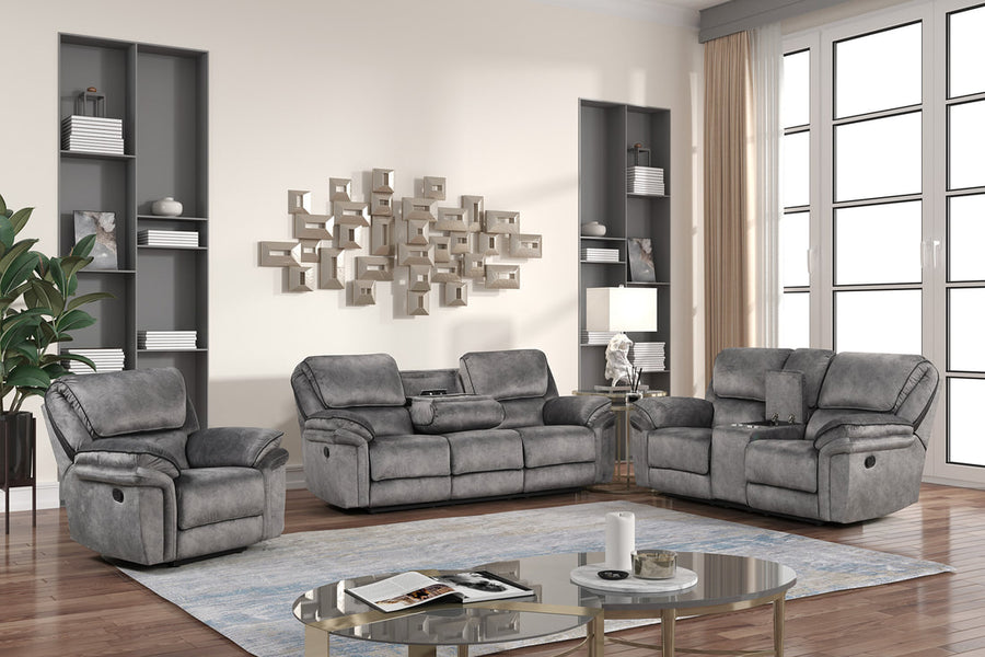 Perry Brown Fabric OVERSIZED 3PC Reclining Set, Sofa with Drop down table and Power Box, Reclining Loveseat with Console & Reclining Chair