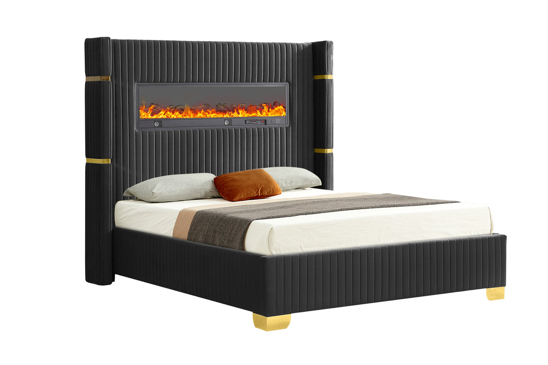 Romance Black Velvet Platform Bed (w/ Multi Color Fireplace Display, BLUETOOTH SPEAKERS & Remote Control) - Queen, King