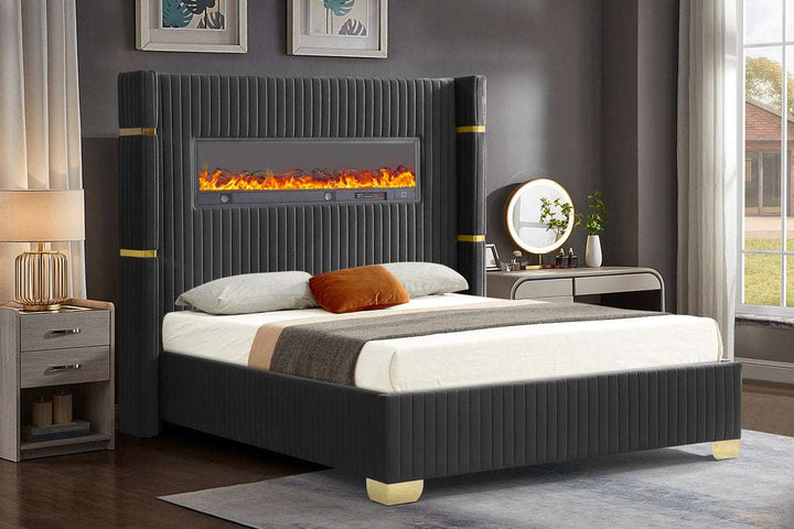 Romance Black Velvet Platform Bed (w/ Multi Color Fireplace Display, BLUETOOTH SPEAKERS & Remote Control) - Queen, King